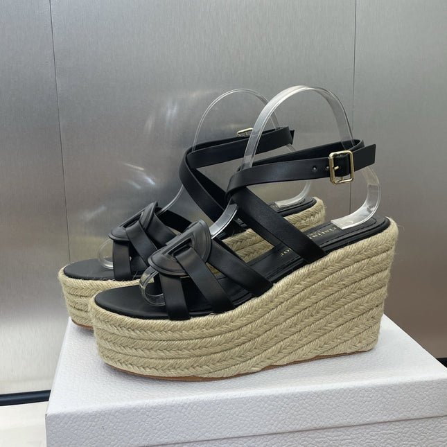 D-CLUB 25S HIGH HEEL WEDGE 100MM IN BLACK CALFSKIN RAFFIA SOLE