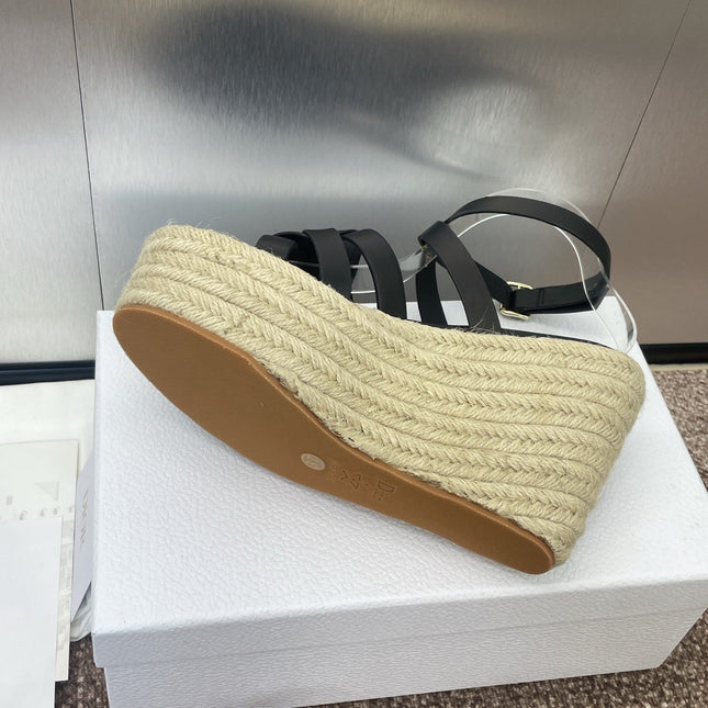 D-CLUB 25S HIGH HEEL WEDGE 100MM IN BLACK CALFSKIN RAFFIA SOLE
