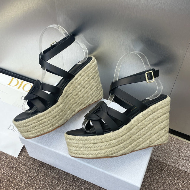 D-CLUB 25S HIGH HEEL WEDGE 100MM IN BLACK CALFSKIN RAFFIA SOLE