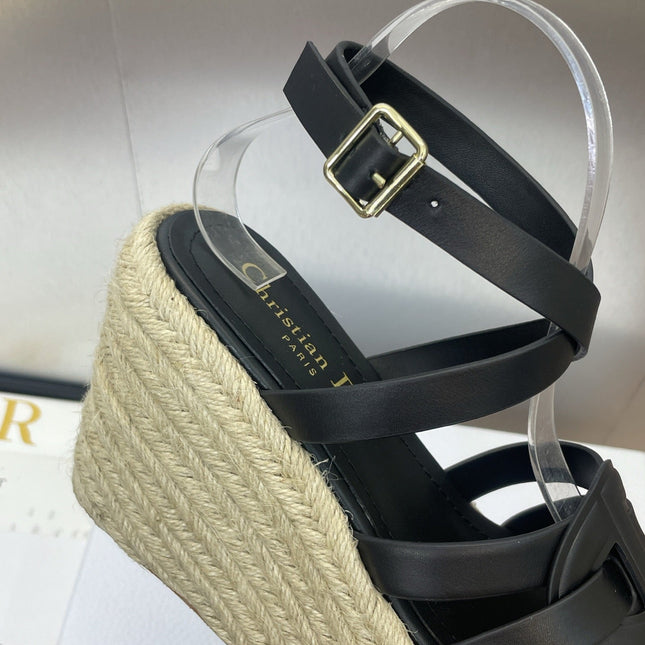 D-CLUB 25S HIGH HEEL WEDGE 100MM IN BLACK CALFSKIN RAFFIA SOLE