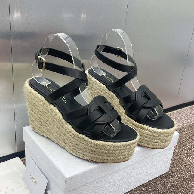 D-CLUB 25S HIGH HEEL WEDGE 100MM IN BLACK CALFSKIN RAFFIA SOLE
