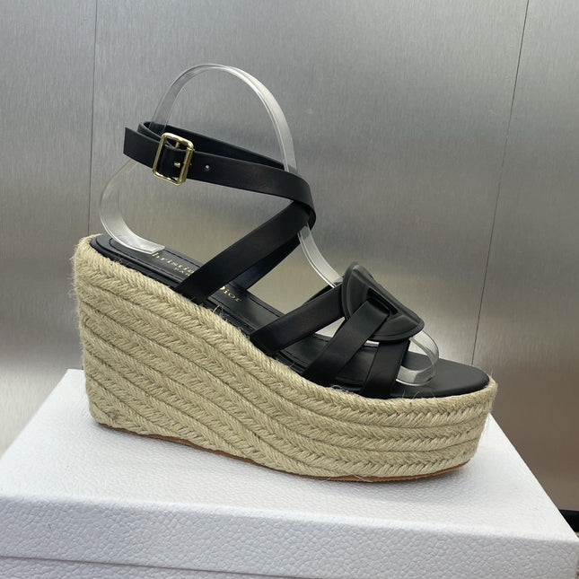 D-CLUB 25S HIGH HEEL WEDGE 100MM IN BLACK CALFSKIN RAFFIA SOLE