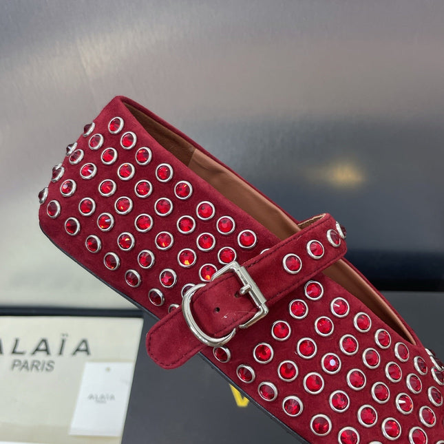 ALAIA MARY JANE FLAT 25S IN DARK RED LAMBSKIN EMBELLISHED WITH CRYSTALS