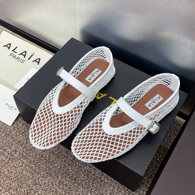 ALAIA MARY JANE FLAT 25S IN WHITE MESH CALFSKIN