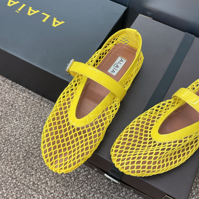 ALAIA MARY JANE FLAT 25S IN YELLOW MESH CALFSKIN