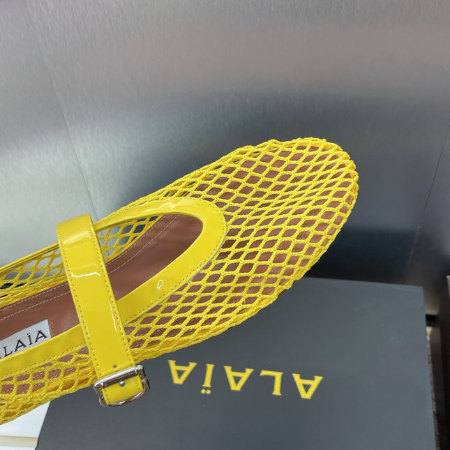 ALAIA MARY JANE FLAT 25S IN YELLOW MESH CALFSKIN