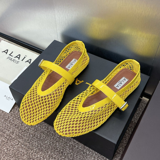 ALAIA MARY JANE FLAT 25S IN YELLOW MESH CALFSKIN