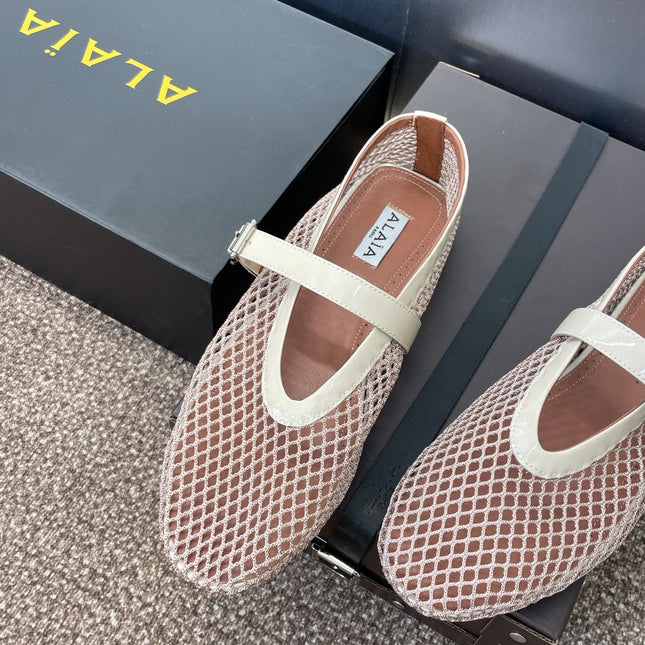 ALAIA MARY JANE FLAT 25S IN CREAM WHITE MESH CALFSKIN