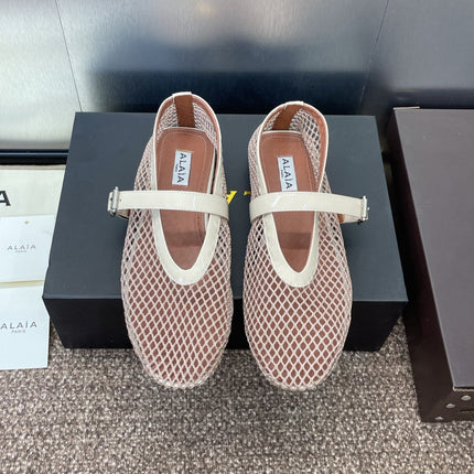 ALAIA MARY JANE FLAT 25S IN CREAM WHITE MESH CALFSKIN