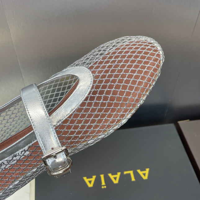 ALAIA MARY JANE FLAT 25S IN SILVER MESH CALFSKIN