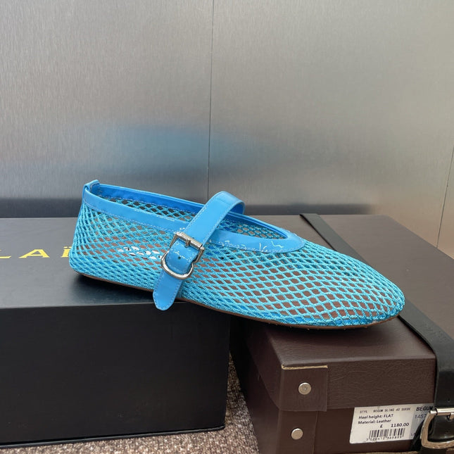 ALAIA MARY JANE FLAT 25S IN BLUE MESH CALFSKIN