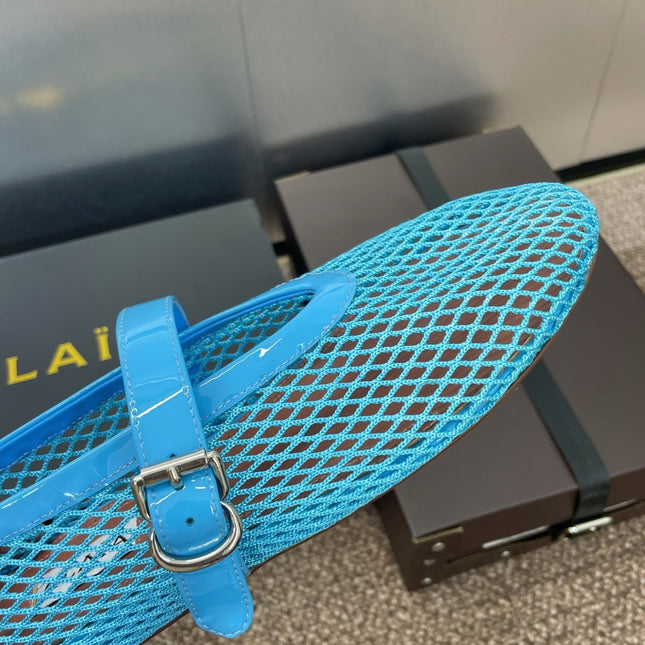 ALAIA MARY JANE FLAT 25S IN BLUE MESH CALFSKIN