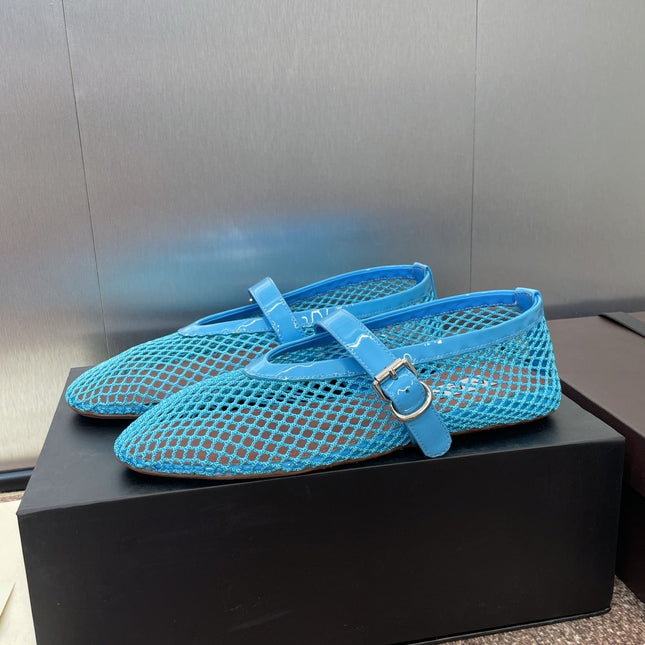 ALAIA MARY JANE FLAT 25S IN BLUE MESH CALFSKIN