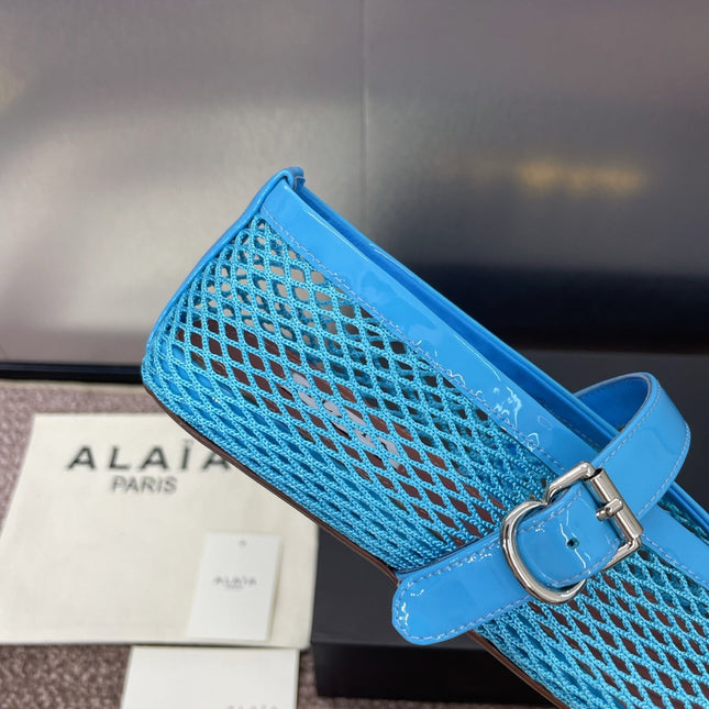 ALAIA MARY JANE FLAT 25S IN BLUE MESH CALFSKIN