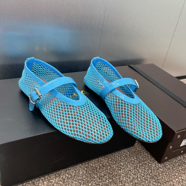 ALAIA MARY JANE FLAT 25S IN BLUE MESH CALFSKIN