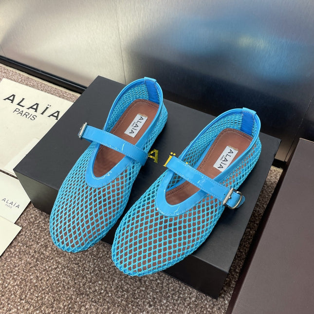 ALAIA MARY JANE FLAT 25S IN BLUE MESH CALFSKIN