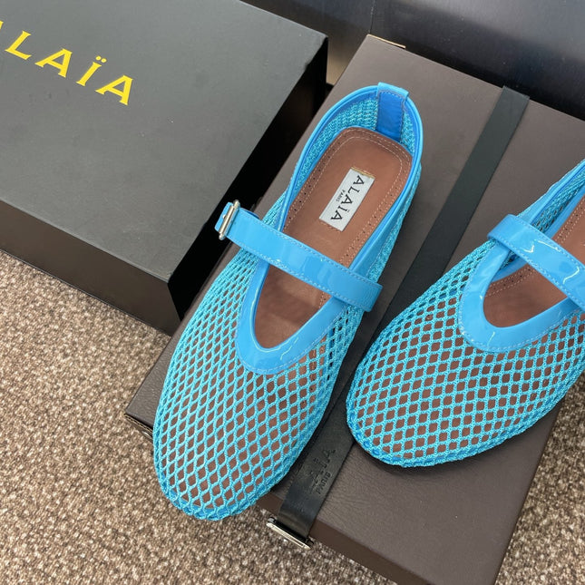 ALAIA MARY JANE FLAT 25S IN BLUE MESH CALFSKIN