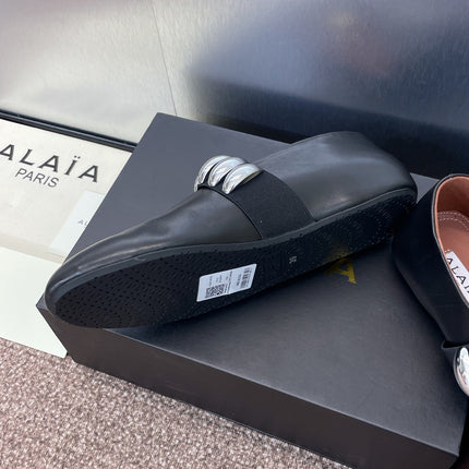 ALAIA MARY JANE FLATS 25S IN BLACK CALFSKIN WITH SILVER HARDWARE