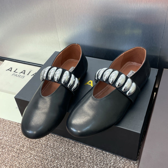 ALAIA MARY JANE FLATS 25S IN BLACK CALFSKIN WITH SILVER HARDWARE