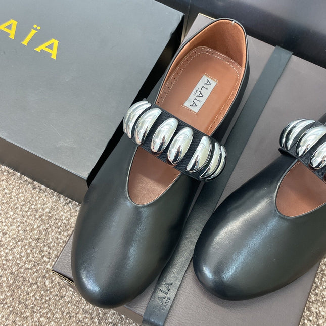 ALAIA MARY JANE FLATS 25S IN BLACK CALFSKIN WITH SILVER HARDWARE