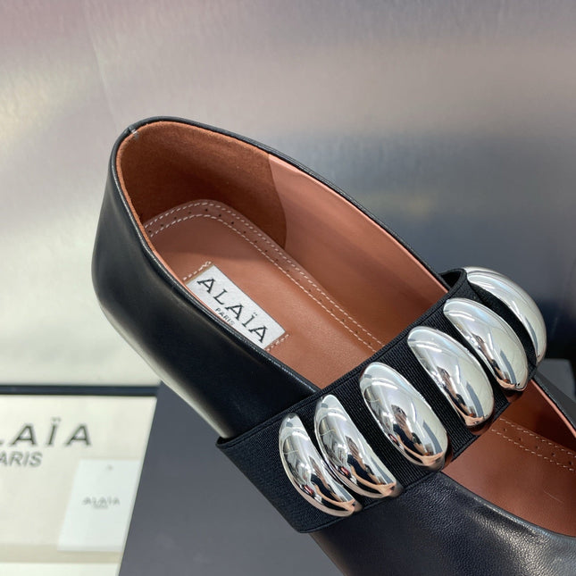 ALAIA MARY JANE FLATS 25S IN BLACK CALFSKIN WITH SILVER HARDWARE