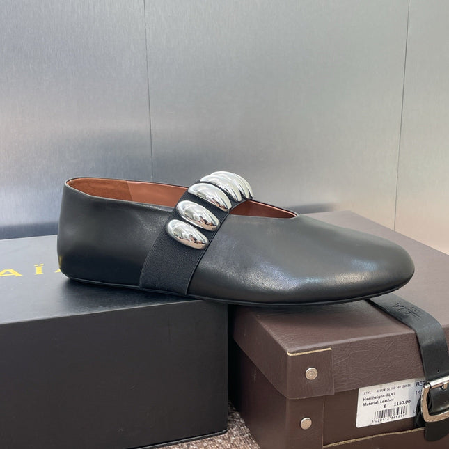 ALAIA MARY JANE FLATS 25S IN BLACK CALFSKIN WITH SILVER HARDWARE