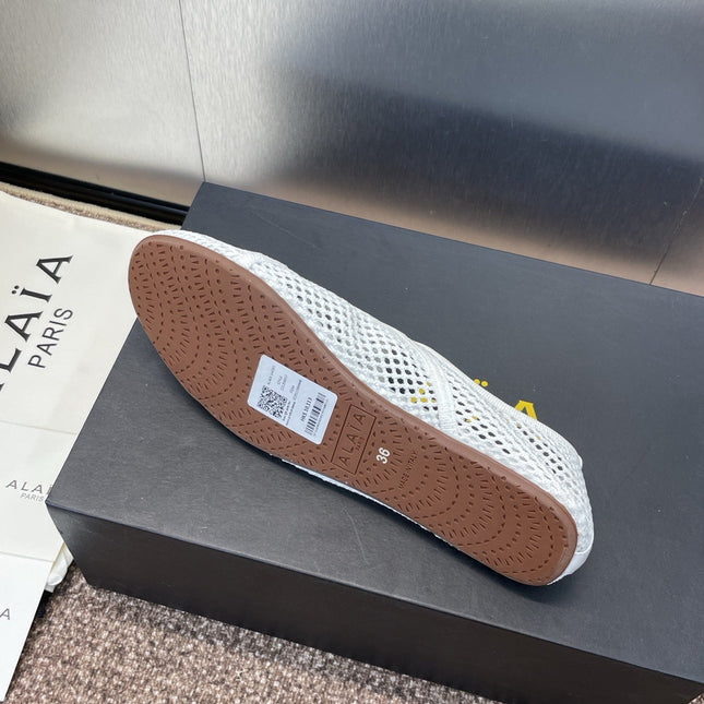 ALAIA MESH MARY JANE BALLET FLATS 25S IN WHITE FABRIC