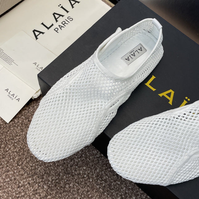ALAIA MESH MARY JANE BALLET FLATS 25S IN WHITE FABRIC