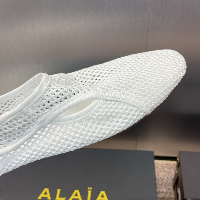 ALAIA MESH MARY JANE BALLET FLATS 25S IN WHITE FABRIC