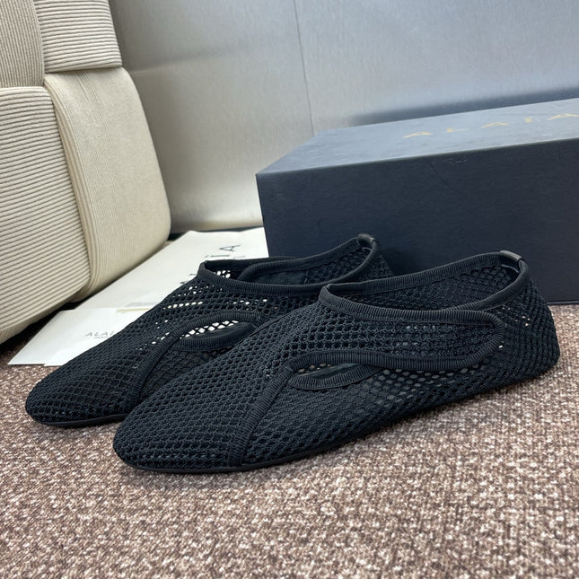 ALAIA MESH MARY JANE BALLET FLATS 25S IN BLACK FABRIC