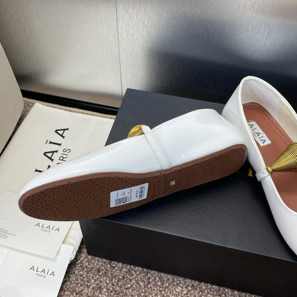 ALAIA BALLET SHOES 25S IN WHITE PATENT LEATHER WITH GOLD HARDWARE