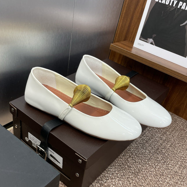 ALAIA BALLET SHOES 25S IN WHITE PATENT LEATHER WITH GOLD HARDWARE