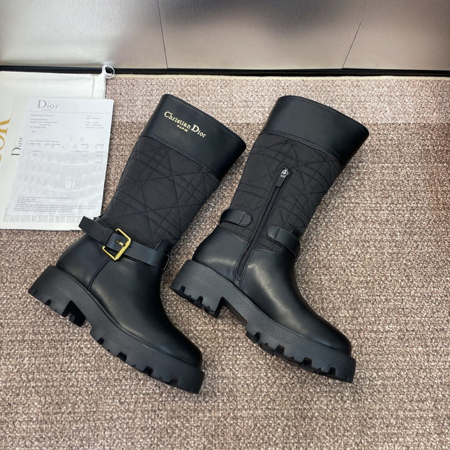 DIOR 25S D-TOWN BOOT 45MM IN BLACK CALFSKIN AND NYLON WITH EMBROIDERED CANNAGE MOTIF