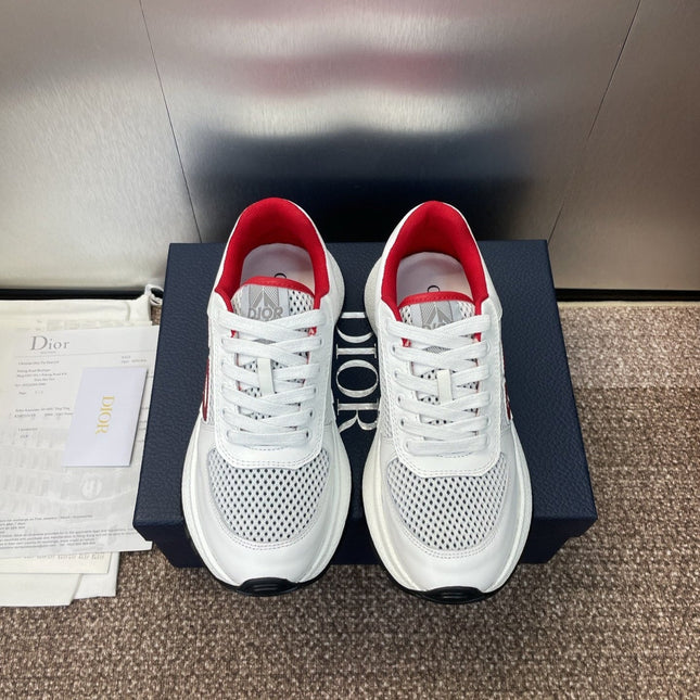 DIOR 25S D-RUN'N COUPLE SNEAKERS IN WHITE RED CALFSKIN AND MESH
