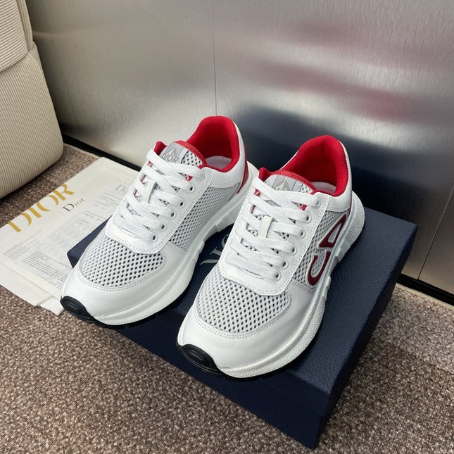 DIOR 25S D-RUN'N COUPLE SNEAKERS IN WHITE RED CALFSKIN AND MESH