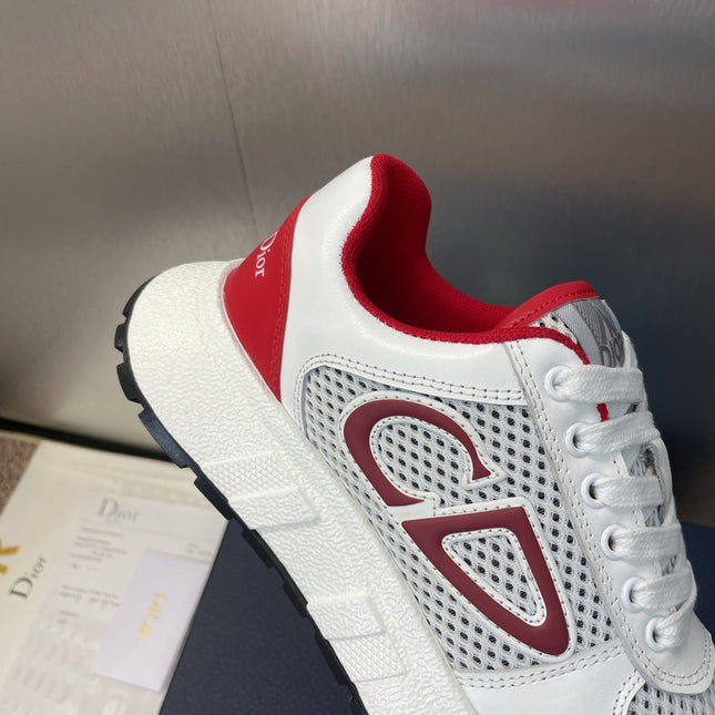 DIOR 25S D-RUN'N COUPLE SNEAKERS IN WHITE RED CALFSKIN AND MESH