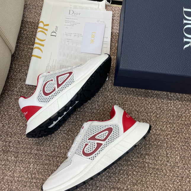 DIOR 25S D-RUN'N COUPLE SNEAKERS IN WHITE RED CALFSKIN AND MESH