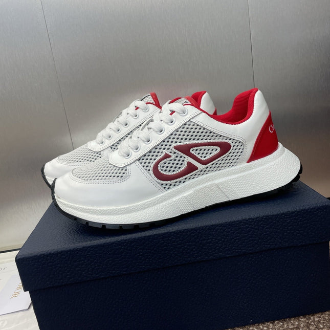 DIOR 25S D-RUN'N COUPLE SNEAKERS IN WHITE RED CALFSKIN AND MESH