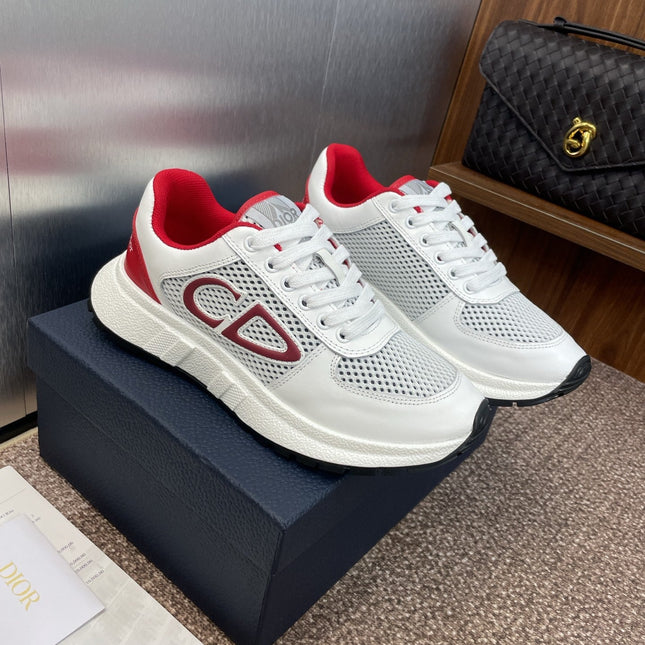 DIOR 25S D-RUN'N COUPLE SNEAKERS IN WHITE RED CALFSKIN AND MESH