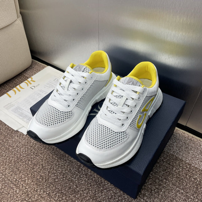 DIOR 25S D-RUN'N COUPLE SNEAKERS IN WHITE YELLOW CALFSKIN AND MESH
