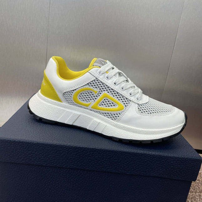 DIOR 25S D-RUN'N COUPLE SNEAKERS IN WHITE YELLOW CALFSKIN AND MESH