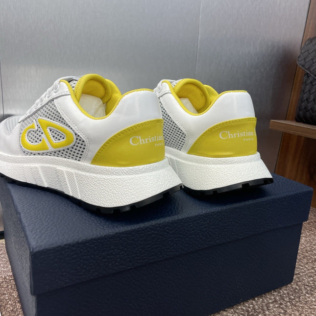 DIOR 25S D-RUN'N COUPLE SNEAKERS IN WHITE YELLOW CALFSKIN AND MESH