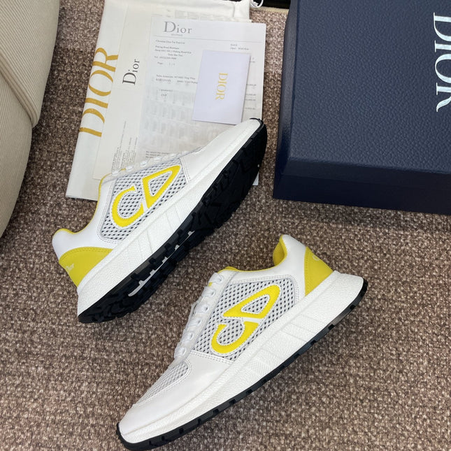 DIOR 25S D-RUN'N COUPLE SNEAKERS IN WHITE YELLOW CALFSKIN AND MESH