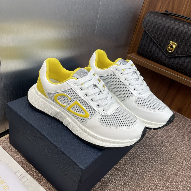 DIOR 25S D-RUN'N COUPLE SNEAKERS IN WHITE YELLOW CALFSKIN AND MESH