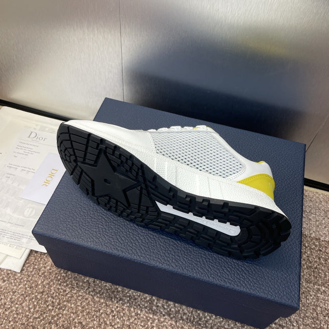 DIOR 25S D-RUN'N COUPLE SNEAKERS IN WHITE YELLOW CALFSKIN AND MESH