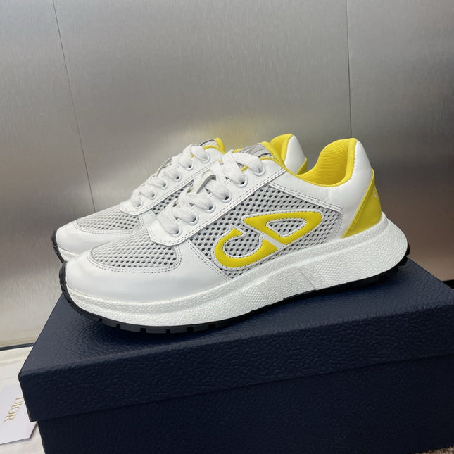 DIOR 25S D-RUN'N COUPLE SNEAKERS IN WHITE YELLOW CALFSKIN AND MESH