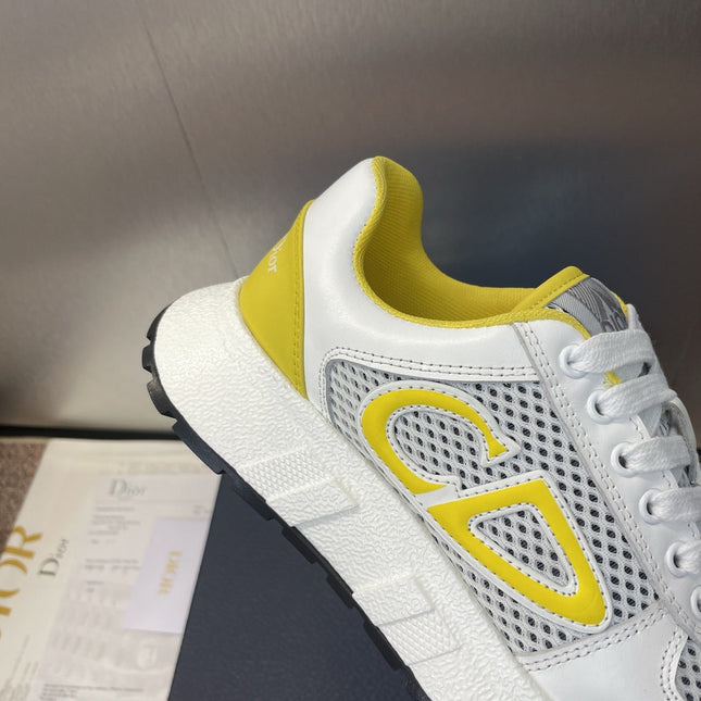 DIOR 25S D-RUN'N COUPLE SNEAKERS IN WHITE YELLOW CALFSKIN AND MESH