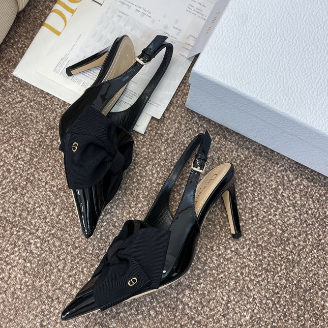 DIOR 25S SLINGBACK PUMP 80MM IN BLACK PATENT CALFSKIN AND GROSGRAIN