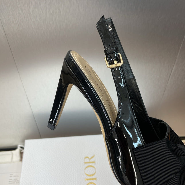 DIOR 25S SLINGBACK PUMP 80MM IN BLACK PATENT CALFSKIN AND GROSGRAIN