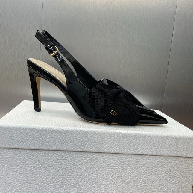 DIOR 25S SLINGBACK PUMP 80MM IN BLACK PATENT CALFSKIN AND GROSGRAIN